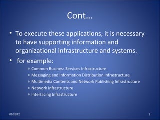 Cont… To execute these applications, it is necessary to have supporting information and organizational infrastructure and systems. for example:  Common Business Services Infrastructure Messaging and Information Distribution Infrastructure Multimedia Contents and Network Publishing Infrastructure Network Infrastructure Interfacing Infrastructure  02/25/12 