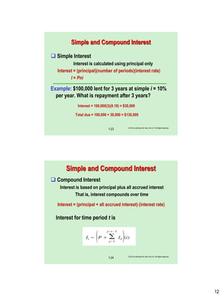 12
© 2012 by McGraw-Hill, New York, N.Y All Rights Reserved
1-23
Simple and Compound Interest
 Simple Interest
Interest is calculated using principal only
Interest = (principal)(number of periods)(interest rate)
I = Pni
Example: $100,000 lent for 3 years at simple i = 10%
per year. What is repayment after 3 years?
Interest = 100,000(3)(0.10) = $30,000
Total due = 100,000 + 30,000 = $130,000
Simple and Compound Interest
 Compound Interest
Interest is based on principal plus all accrued interest
That is, interest compounds over time
Interest = (principal + all accrued interest) (interest rate)
Interest for time period t is
© 2012 by McGraw-Hill, New York, N.Y All Rights Reserved
1-24
 