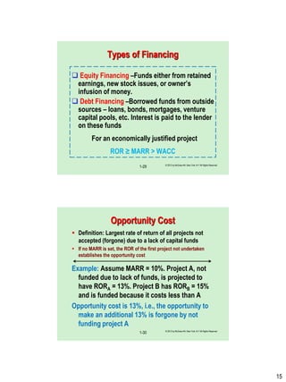15
© 2012 by McGraw-Hill, New York, N.Y All Rights Reserved
1-29
Types of Financing
 Equity Financing –Funds either from retained
earnings, new stock issues, or owner‟s
infusion of money.
 Debt Financing –Borrowed funds from outside
sources – loans, bonds, mortgages, venture
capital pools, etc. Interest is paid to the lender
on these funds
For an economically justified project
ROR ≥ MARR > WACC
Opportunity Cost
 Definition: Largest rate of return of all projects not
accepted (forgone) due to a lack of capital funds
 If no MARR is set, the ROR of the first project not undertaken
establishes the opportunity cost
Example: Assume MARR = 10%. Project A, not
funded due to lack of funds, is projected to
have RORA = 13%. Project B has RORB = 15%
and is funded because it costs less than A
Opportunity cost is 13%, i.e., the opportunity to
make an additional 13% is forgone by not
funding project A
© 2012 by McGraw-Hill, New York, N.Y All Rights Reserved
1-30
 