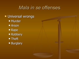 Mala in se  offenses Universal wrongs Murder Arson Rape Robbery Theft Burglary 