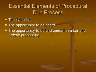 Essential Elements of Procedural Due Process Timely notice The opportunity to be heard The opportunity to defend oneself in a fair and orderly proceeding 