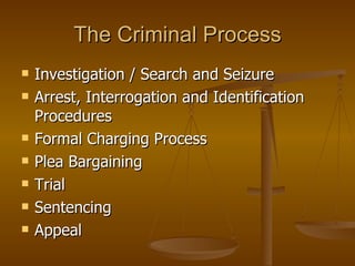 The Criminal Process Investigation / Search and Seizure Arrest, Interrogation and Identification Procedures Formal Charging Process Plea Bargaining Trial Sentencing Appeal 