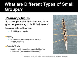 Primary Group
-Is a group whose main purpose is to
give people a way to fulfill their needs
to associate with others.
 Fulfill basic needs
Family
 Not structured and informal form of
communication
Friends/Social
 Meet to fulfill the primary need of human
interaction (social communication)
Copyright © 2015, 2012, 2009, Pearson Education, Inc. All Rights Reserved
 