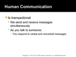  Is transactional
 We send and receive messages
simultaneously
 As you talk to someone:
▪ You respond to verbal and nonverbal messages
Copyright © 2015, 2012, 2009, Pearson Education, Inc. All Rights Reserved
 