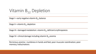 Vitamin B12 Depletion
Stage I—early negative vitamin B12 balance
Stage II—vitamin B12 depletion
Stage III—damaged metabolism: vitamin B12 deficient erythropoiesis
Stage IV—clinical damage including vitamin B12 anemia
Pernicious anemia—numbness in hands and feet; poor muscular coordination; poor
memory; hallucinations
 