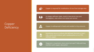 Copper
Deficiency
Copper is required for mobilization of iron from storage sites
In copper deficient state, result is low serum iron and
hemoglobin, even when iron stores are normal
Copper is widespread in foods and needed in tiny amounts
Sometimes occurs in infants fed deficient formula or cow’s
milk, adults and children with malabsorption or on TPN
without copper
Diagnosis is important, since more iron won’t help and may
interfere with copper absorption
 