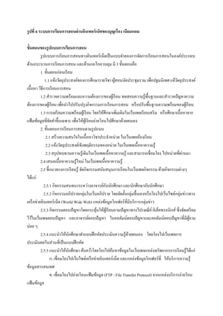 รู ปที่ 6 ระบบการเรียนการสอนผ่ านอินเทอร์ เน็ตของบุญเรื อง เนียมหอม

ขั้นตอนของรู ปแบบการเรียนการสอน
          รู ปแบบการเรี ยนการสอนทางอินเทอร์ เน็ตเป็ นแบบจาลองการจัดการเรี ยนการสอนในองค์ประกอบ
ด้านกระบวนการเรี ยนการสอน และด้านกลไกควบคุม มี 3 ขั้นตอนคือ
          1. ขั้นตอนก่อนเรี ยน
              1.1 แจ้งวัตถุประสงค์ของการศึกษารายวิชา ผูสอนนัดประชุมรวม เพื่อปฐมนิเทศ แจ้วตถุประสงค์
                                                             ้                                      ั
เนื้อหา วิธีการเรี ยนการสอน
          1.2 สารวจความพร้อมและความต้องการของผูเ้ รี ยน ทดสอบความรู ้พ้ืนฐานและสารวจปั ญหาความ
ต้องการของผูเ้ รี ยน เพื่อนาไปปรับปรุ งกิจกรรมการเรี ยนการสอน หรื อปรับพื้นฐานความพร้อมของผูเ้ รี ยน
          1.3 การเตรี ยมความพร้อมผูเ้ รี ยน โดยให้ศึกษาเพิ่มเติมในเว็บเพจเรี ยนเสริ ม หรื อศึกษาเนื้อหาจาก
แฟ้ มข้อมูลที่จดทาขึ้นเฉพาะ เพื่อให้ผเู ้ รี ยนถ่ายโอนไปศึกษาด้วยตนเอง
                 ั
          2. ขั้นตอนการเรี ยนการสอนตามรู ปแบบ
               2.1 สร้างความสนใจในเนื้ อหาวิชาประจาหน่วย ในเว็บเพจห้องเรี ยน
               2.2 แจ้งวัตถุประสงค์เชิงพฤติกรรมของหน่วย ในเว็บเพจเนื้ อหาความรู ้
               2.3 สรุ ปทบทวนความรู ้เดิมในเว็บเพจเนื้ อหาความรู ้ และสามารถเชื่อมโยง ไปหน่วยที่ผานมา ่
          2.4 เสนอเนื้อหาความรู ้ใหม่ ในเว็บเพจเนื้ อหาความรู ้
          2.5 ชี้แนวทางการเรี ยนรู ้ จัดกิจกรรมสนับสนุ นการเรี ยนในเว็บเพจกิจกรรม ด้วยกิจกรรมต่างๆ
ได้แก่
                                                       ั
             2.5.1 กิจกรรมสนทนาระหว่างอาจารย์กบนักศึกษา และนักศึกษากับนักศึกษา
             2.5.2 กิจกรรมอภิปรายกลุ่มในเว็บอภิปราย โดยจัดตั้งกลุ่มขึ้นเองหรื อโยงไปเว็บไซต์กลุ่มข่าวทาง
เครื อข่ายอินเทอร์ เน็ต (World Wide Web) แหล่งข้อมูลโกเฟอร์ ท่ีมีบริ การกลุ่มข่าว
          2.5.3 กิจกรรมตอบปั ญหาโดยกระตุนให้ผเู้ รี ยนถามปัญหาทางไปรษณี ย ์ อิเล็คทรอนิกส์ ซึ่งจัดเตรี ยม
                                                 ้
ไว้ในเว็บเพจตอบปั ญหา และอาจารย์ตอบปัญหา ในคอลัมน์ตอบปัญหาและคอลัมน์ตอบปั ญหาที่มีผถาม                   ู้
บ่อย ๆ
          2.5.4 แนะนาให้นกศึกษาทาแบบฝึ กหัดประเมินความรู้ดวยตนเอง โดยโยงไปเว็บเพจการ
                               ั                                     ้
ประเมินผลในส่ วนที่เป็ นแบบฝึ กหัด
          2.5.5 แนะนาให้นกศึกษา ค้นคว้าโดยโยงไปค้นหาข้อมูลในเว็บเพจแหล่งทรัพยากรการเรี ยนรู ้ได้แก่
                                 ั
                   ก. เชื่อมโยงไปเว็บไซต์เครื อข่ายอินเทอร์ เน็ต และแหล่งข้อมูลโกเฟอร์ ที่ ให้บริ การความรู้
ข้อมูลสารสนเทศ
                   ข. เชื่อมโยงไปถ่ายโอนแฟ้ มข้อมูล (FTP : File Transfer Protocol) จากแหล่งบริ การถ่ายโอน
แฟ้ มข้อมูล
 