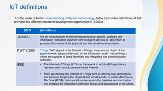 IoT definitions
• For the sake of better understanding of the IoT terminology, Table 2 provides definitions of IoT
provided by different standard development organizations (SDOs).
SDO definitions
ISO/IEC It is an infrastructure of interconnected objects, people, systems and
information resources together with intelligent services to allow them to
process information of the physical and the virtual world and react.
ITU-T Y.2060 Things: With regard to the Internet of things, these are an object of the
physical world (physical devices) or the information world (virtual things),
which are capable of being identified and integrated into communication
networks.
IEEE • The Internet of Things (IoT) is a framework in which all things have a
representation and a presence in the Internet.
• More specifically, the Internet of Things aims at offering new applications
and services bridging the physical and virtual worlds, in which Machine-to-
Machine (M2M) communications represents the baseline communication
that enables the interactions between Things and applications in the Cloud.
 