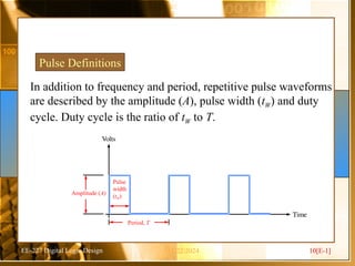 EE-227 Digital Logic Design
Pulse Definitions
In addition to frequency and period, repetitive pulse waveforms
are described by the amplitude (A), pulse width (tW) and duty
cycle. Duty cycle is the ratio of tW to T.
Volts
Time
Amplitude (A)
Pulse
width
(tW)
Period, T
11/22/2024 10[E-1]
 