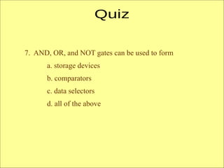 7. AND, OR, and NOT gates can be used to form
a. storage devices
b. comparators
c. data selectors
d. all of the above
 