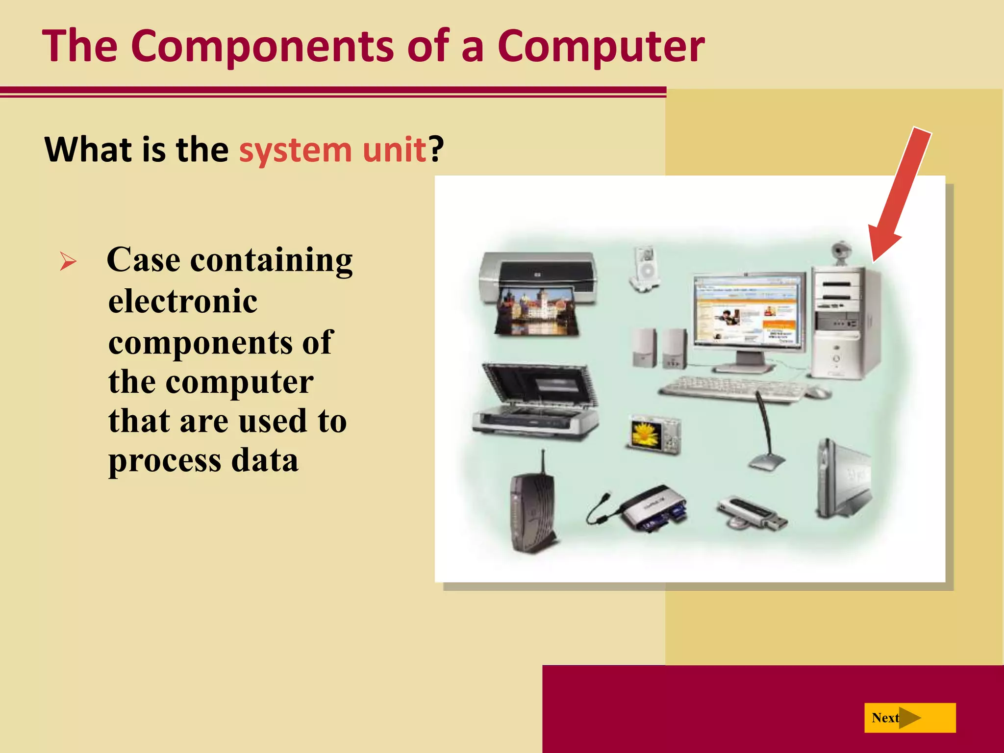 The Components of a Computer
What is the system unit?

   Case containing
    electronic
    components of
    the computer
    that are used to
    process data




                               Next
 