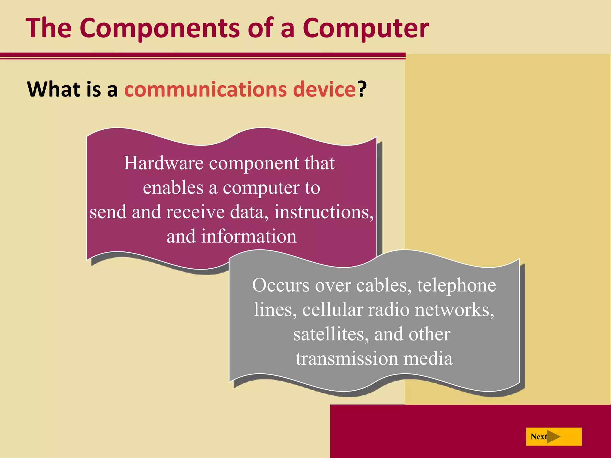 The Components of a Computer
What is a communications device?


         Hardware component that
           enables a computer to
     send and receive data, instructions,
              and information

                         Occurs over cables, telephone
                         lines, cellular radio networks,
                              satellites, and other
                               transmission media


                                                           Next
 