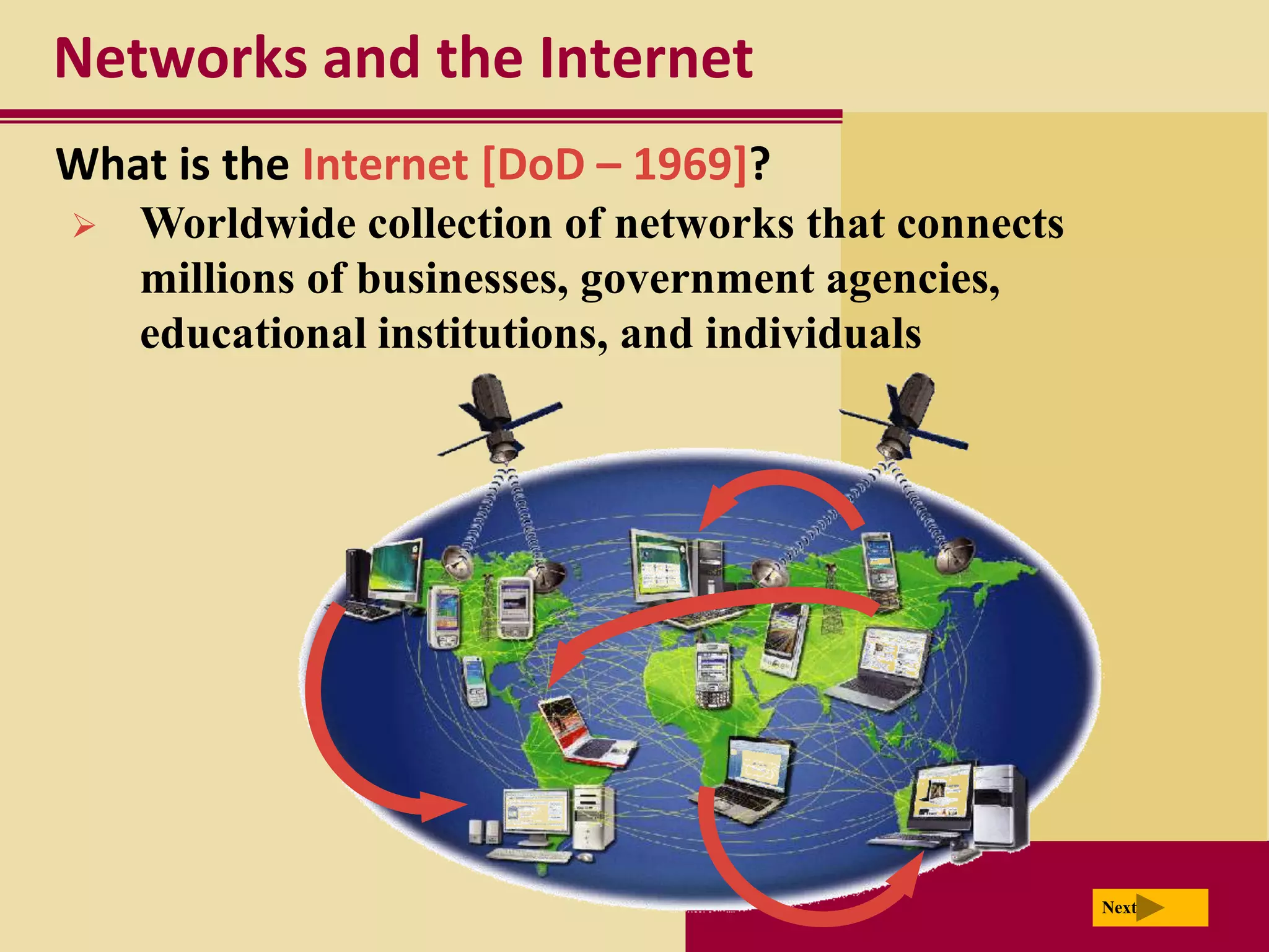 Networks and the Internet
What is the Internet [DoD – 1969]?
   Worldwide collection of networks that connects
    millions of businesses, government agencies,
    educational institutions, and individuals




                                                     Next
 