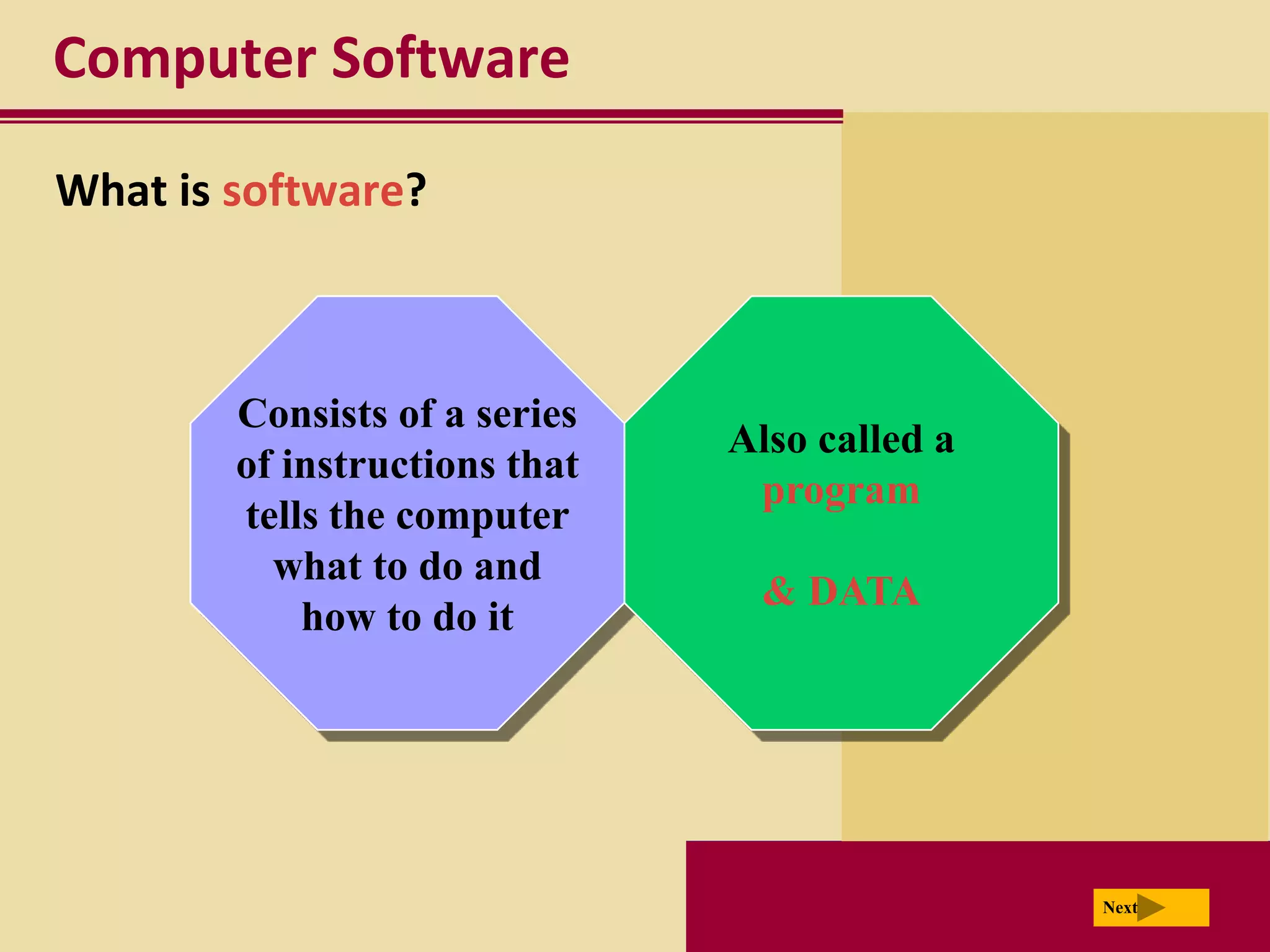 Computer Software

What is software?



        Consists of a series
                               Also called a
        of instructions that
                                program
        tells the computer
          what to do and
                                & DATA
            how to do it




                                               Next
 