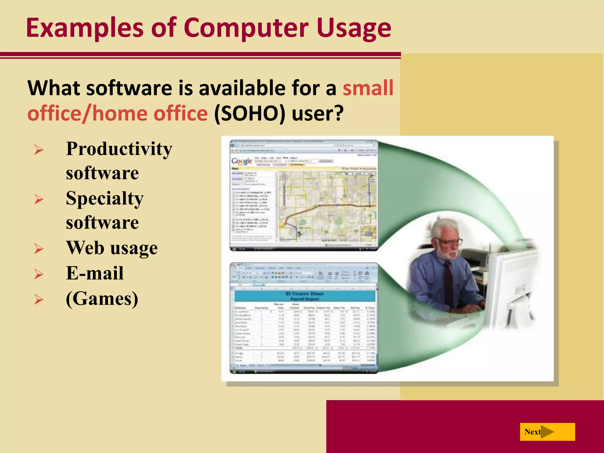 Examples of Computer Usage
What software is available for a small
office/home office (SOHO) user?
   Productivity
    software
   Specialty
    software
   Web usage
   E-mail
   (Games)




                                         Next
 