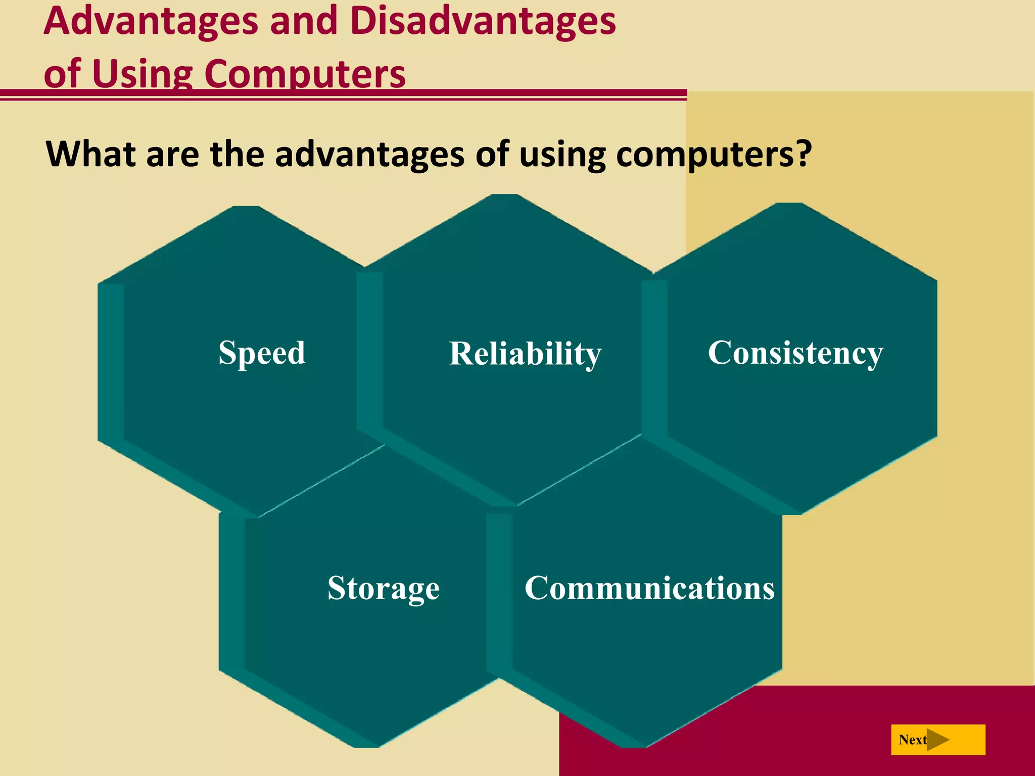 Advantages and Disadvantages
of Using Computers
What are the advantages of using computers?



         Speed             Reliability    Consistency




                 Storage        Communications



                                                        Next
 