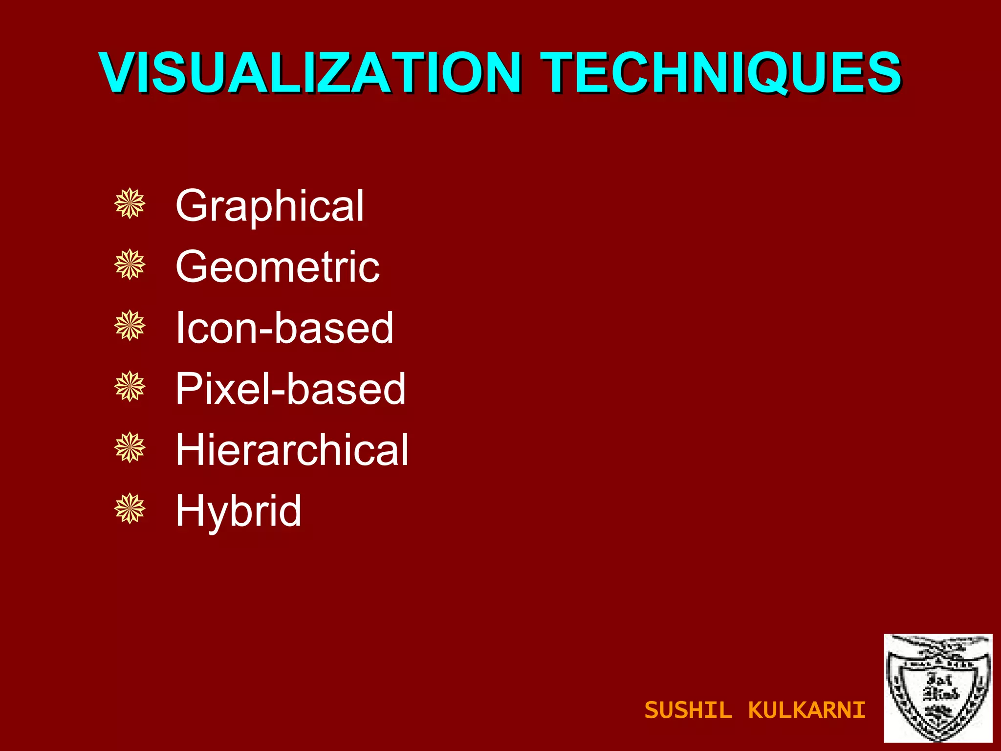 VISUALIZATION TECHNIQUES Graphical Geometric Icon-based Pixel-based Hierarchical Hybrid SUSHIL KULKARNI 