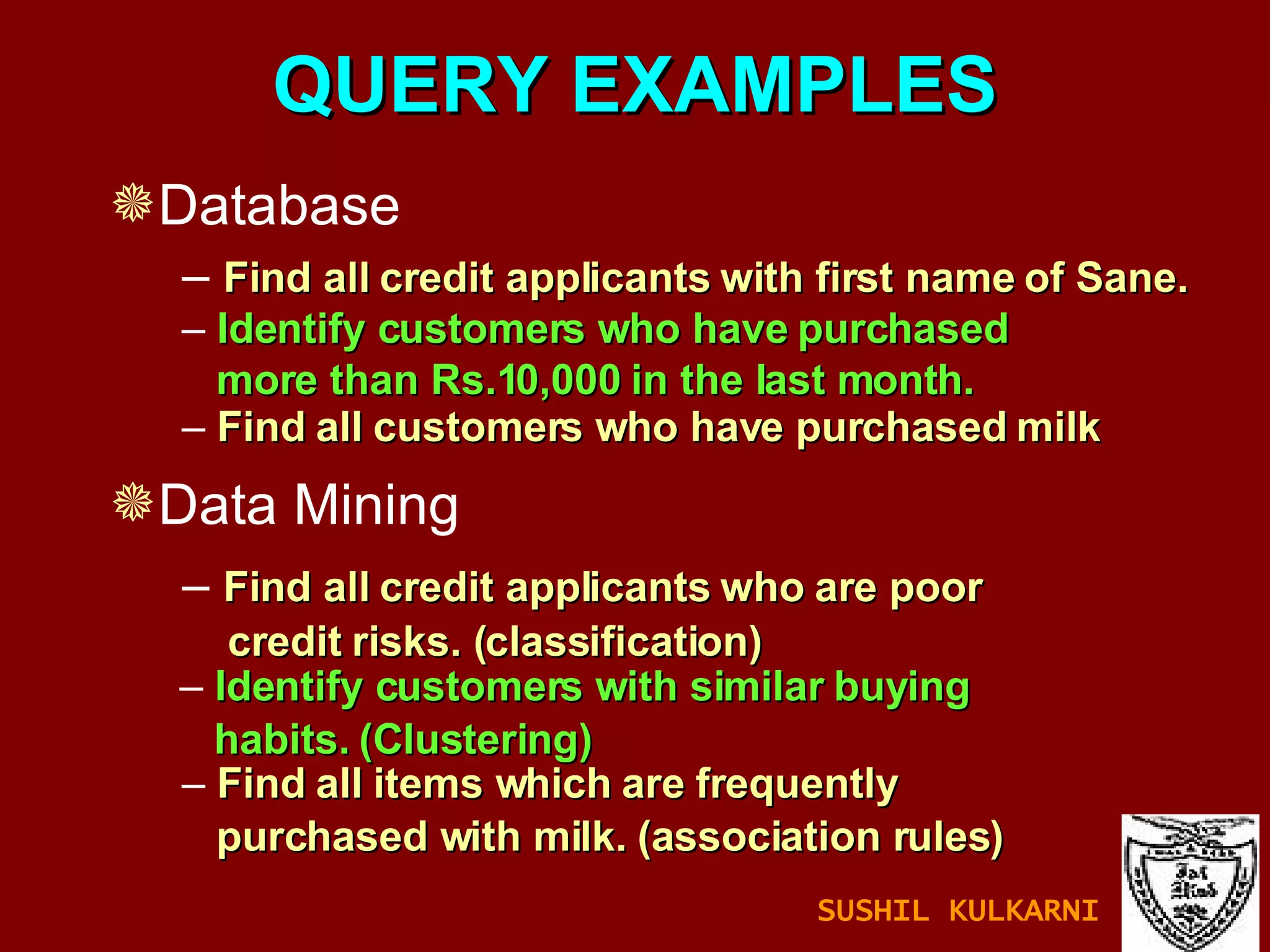 QUERY EXAMPLES Database Data Mining Find all customers who have purchased milk Find all items which are frequently  purchased with milk. (association rules) Find all credit applicants with first name of Sane. Identify customers who have purchased  more than Rs.10,000 in the last month.   Find all credit applicants who are poor  credit risks. (classification) Identify customers with similar buying  habits. (Clustering) SUSHIL KULKARNI 