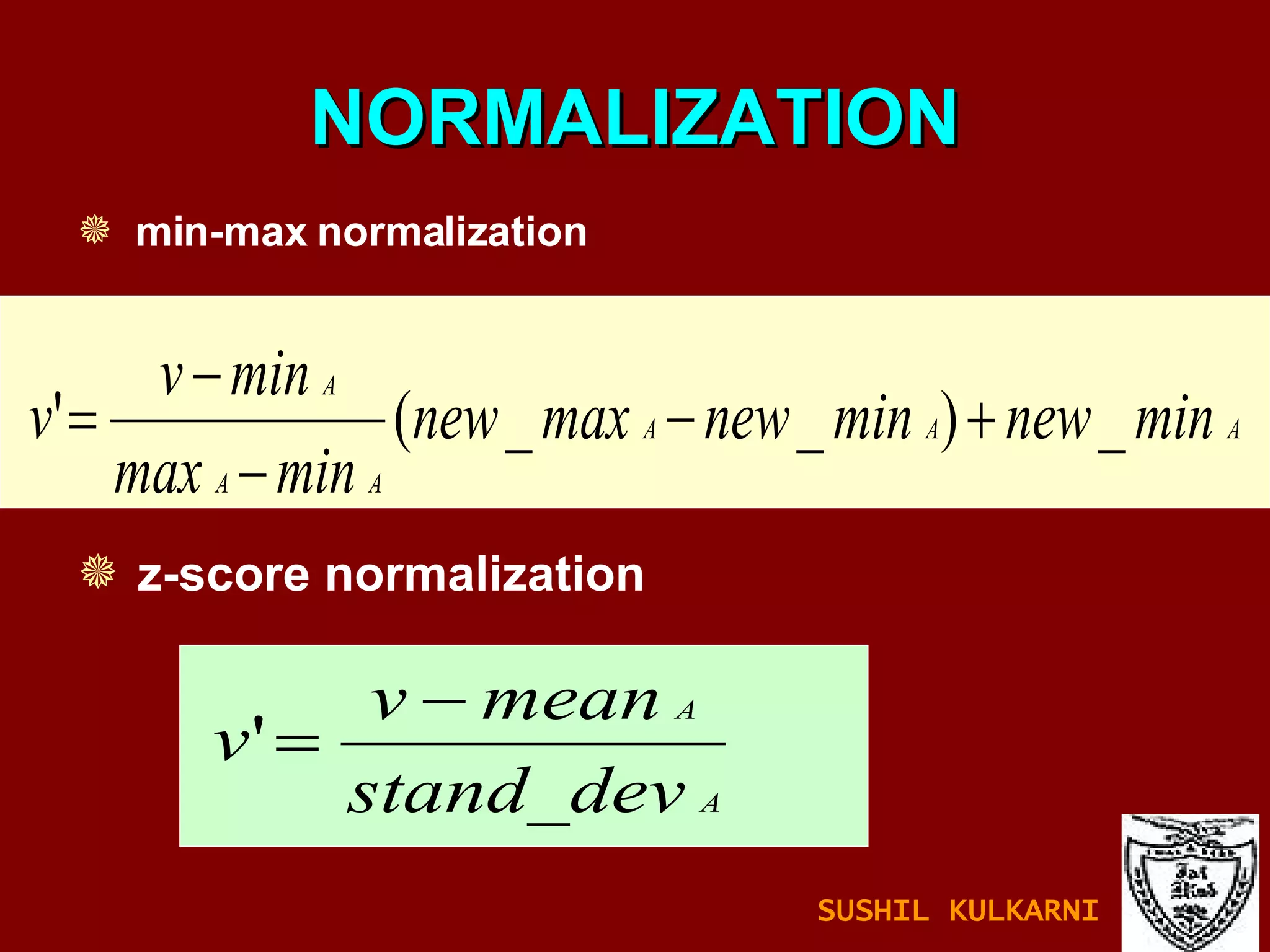 NORMALIZATION min-max normalization z-score normalization SUSHIL KULKARNI 