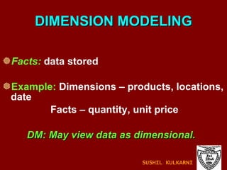 DIMENSION MODELING Facts:  data stored Example:  Dimensions – products, locations, date   Facts – quantity, unit price DM: May view data as dimensional. SUSHIL KULKARNI 