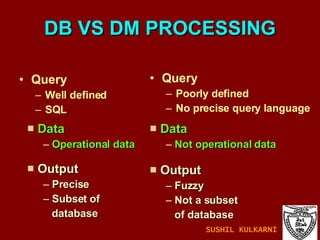 DB VS DM PROCESSING Query Well defined SQL Query Poorly defined No precise query language Data Operational data Output Precise Subset of  database Data Not operational data Output Fuzzy Not a subset  of database SUSHIL KULKARNI 