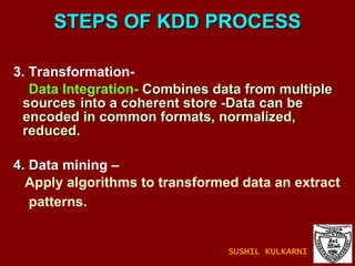 STEPS OF KDD PROCESS 3. Transformation- Data Integration-   Combines data from multiple sources  into a coherent store -Data can be encoded in common formats, normalized, reduced. 4. D ata mining – Apply algorithms to transformed data an extract  patterns.  SUSHIL KULKARNI 