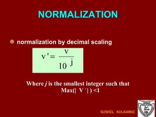 NORMALIZATION normalization by decimal scaling Where  j  is the smallest integer such that  Max(|  V  ‘  | ) <1 SUSHIL KULKARNI 