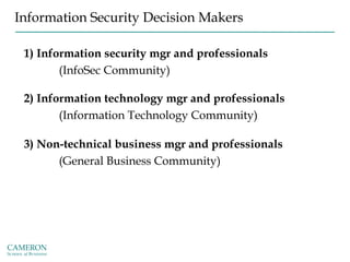Information Security Decision Makers
1) Information security mgr and professionals
(InfoSec Community)
2) Information technology mgr and professionals
(Information Technology Community)
3) Non-technical business mgr and professionals
(General Business Community)
 