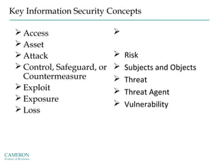 Key Information Security Concepts
 Access
 Asset
 Attack
 Control, Safeguard, or
Countermeasure
 Exploit
 Exposure
 Loss
29
 Protection Profile or
Security Posture
 Risk
 Subjects and Objects
 Threat
 Threat Agent
 Vulnerability
 