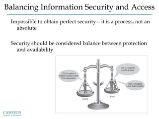 Balancing Information Security and Access
Impossible to obtain perfect security—it is a process, not an
absolute
Security should be considered balance between protection
and availability
 