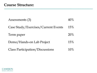 Course Structure:
Assessments (3) 40%
Case Study/Exercises/Current Events 15%
Term paper 20%
Demo/Hands-on Lab Project 15%
Class Participation/Discussions 10%
 