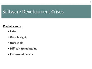 6
Software Development Crises
Projects were:
• Late.
• Over budget.
• Unreliable.
• Difficult to maintain.
• Performed poorly.
 