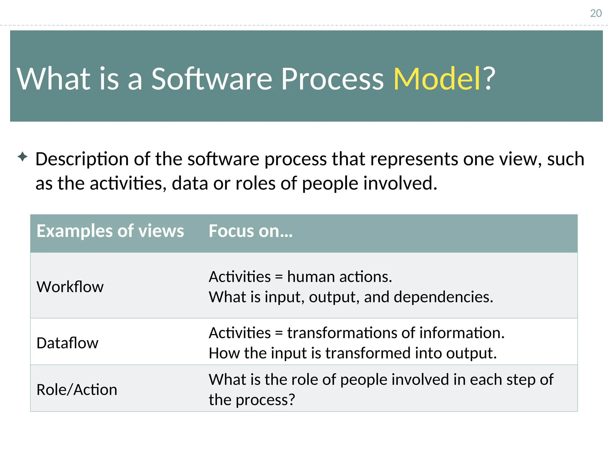 20
What is a Software Process Model?
 Description of the software process that represents one view, such
as the activities, data or roles of people involved.
Examples of views Focus on…
Workflow
Activities = human actions.
What is input, output, and dependencies.
Dataflow
Activities = transformations of information.
How the input is transformed into output.
Role/Action
What is the role of people involved in each step of
the process?
 