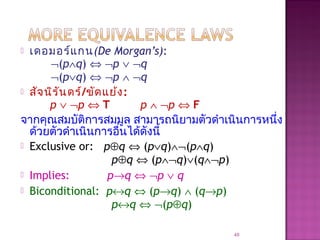  เดอมอร์แกน(De Morgan’s):
¬(p∧q) ⇔ ¬p ∨ ¬q
¬(p∨q) ⇔ ¬p ∧ ¬q
 สัจนิรันดร์/ขัดแย้ง:
p ∨ ¬p ⇔ T p ∧ ¬p ⇔ F
จากคุณสมบัติการสมมูล สามารถนิยามตัวดำาเนินการหนึ่ง
ด้วยตัวดำาเนินการอื่นได้ดังนี้
 Exclusive or: p⊕q ⇔ (p∨q)∧¬(p∧q)
p⊕q ⇔ (p∧¬q)∨(q∧¬p)
 Implies: p→q ⇔ ¬p ∨ q
 Biconditional: p↔q ⇔ (p→q) ∧ (q→p)
p↔q ⇔ ¬(p⊕q)
48
 