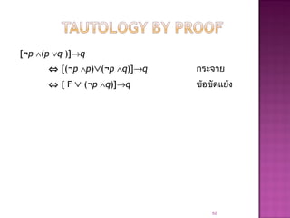 [¬p ∧(p ∨q )]→q
⇔ [(¬p ∧p)∨(¬p ∧q)]→q กระจาย
⇔ [ F ∨ (¬p ∧q)]→q ข้อขัดแย้ง
52
 