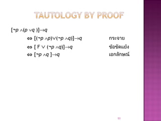 [¬p ∧(p ∨q )]→q
⇔ [(¬p ∧p)∨(¬p ∧q)]→q กระจาย
⇔ [ F ∨ (¬p ∧q)]→q ข้อขัดแย้ง
⇔ [¬p ∧q ]→q เอกลักษณ์
53
 