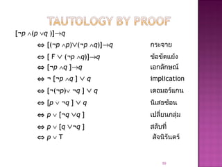 [¬p ∧(p ∨q )]→q
⇔ [(¬p ∧p)∨(¬p ∧q)]→q กระจาย
⇔ [ F ∨ (¬p ∧q)]→q ข้อขัดแย้ง
⇔ [¬p ∧q ]→q เอกลักษณ์
⇔ ¬ [¬p ∧q ] ∨ q implication
⇔ [¬(¬p)∨ ¬q ] ∨ q เดอมอร์แกน
⇔ [p ∨ ¬q ] ∨ q นิเสธซ้อน
⇔ p ∨ [¬q ∨q ] เปลี่ยนกลุ่ม
⇔ p ∨ [q ∨¬q ] สลับที่
⇔ p ∨ T สัจนิรันดร์
59
 
