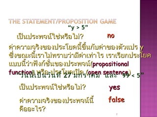 “y > 5”
7
เป็นประพจน์ใช่หรือไม่เป็นประพจน์ใช่หรือไม่?? nono
ค่าความจริงของประโยคนี้ขึ้นกับค่าของตัวแปรค่าความจริงของประโยคนี้ขึ้นกับค่าของตัวแปร yy
ซึ่งขณะนี้เราไม่ทราบว่ามีค่าเท่าไร เราเรียกประโยคซึ่งขณะนี้เราไม่ทราบว่ามีค่าเท่าไร เราเรียกประโยค
แบบนี้ว่าฟังก์ชั่นของประพจน์แบบนี้ว่าฟังก์ชั่นของประพจน์((propositionalpropositional
functionfunction)) หรือ ประโยคเปิดหรือ ประโยคเปิด ((open sentenceopen sentence))
“วันนี้เป็นวันที่ 27 มกราคม และ 99 < 5”
เป็นประพจน์ใช่หรือไม่เป็นประพจน์ใช่หรือไม่?? yesyes
ค่าความจริงของประพจน์นี้ค่าความจริงของประพจน์นี้
คืออะไรคืออะไร??
falsefalse
 