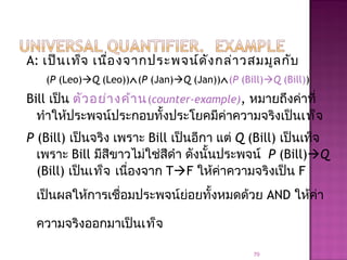 A: เป็นเท็จ เนื่องจากประพจน์ดังกล่าวสมมูลกับ
(P (Leo)Q (Leo))∧(P (Jan)Q (Jan))∧(P (Bill)Q (Bill))
Bill เป็น ตัวอย่างค้าน(counter-example), หมายถึงค่าที่
ทำาให้ประพจน์ประกอบทั้งประโยคมีค่าความจริงเป็นเท็จ
P (Bill) เป็นจริง เพราะ Bill เป็นอีกา แต่ Q (Bill) เป็นเท็จ
เพราะ Bill มีสีขาวไม่ใช่สีดำา ดังนั้นประพจน์ P (Bill)Q
(Bill) เป็นเท็จ เนื่องจาก TF ให้ค่าความจริงเป็น F
เป็นผลให้การเชื่อมประพจน์ย่อยทั้งหมดด้วย AND ให้ค่า
ความจริงออกมาเป็นเท็จ
70
 