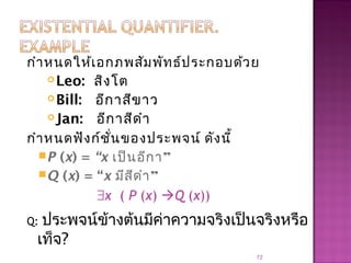 กำาหนดให้เอกภพสัมพัทธ์ประกอบด้วย
Leo: สิงโต
Bill: อีกาสีขาว
Jan: อีกาสีดำา
กำาหนดฟังก์ชั่นของประพจน์ ดังนี้
P (x) = “x เป็นอีกา”
Q (x) = “x มีสีดำา”
∃x ( P (x) Q (x))
Q: ประพจน์ข้างต้นมีค่าความจริงเป็นจริงหรือ
เท็จ?
72
 