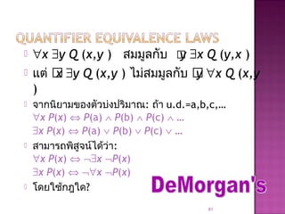  ∀x ∃y Q (x,y ) สมมูลกับ y ∃x Q (y,x )
 แต่ x ∃y Q (x,y ) ไม่สมมูลกับ y ∀x Q (x,y
)
 จากนิยามของตัวบ่งปริมาณ: ถ้า u.d.=a,b,c,…
∀x P(x) ⇔ P(a) ∧ P(b) ∧ P(c) ∧ …
∃x P(x) ⇔ P(a) ∨ P(b) ∨ P(c) ∨ …
 สามารถพิสูจน์ได้ว่า:
∀x P(x) ⇔ ¬∃x ¬P(x)
∃x P(x) ⇔ ¬∀x ¬P(x)
 โดยใช้กฎใด?
81
 