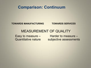 Comparison: Continuum
MEASUREMENT OF QUALITY
Easy to measure –
Quantitative nature
Harder to measure –
subjective assessments
TOWARDS MANUFACTURING TOWARDS SERVICES
 