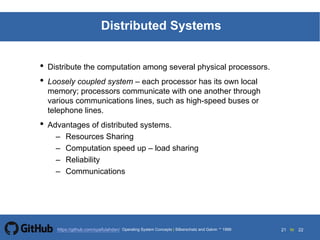 21 to 22https://github.com/syaifulahdan/
Distributed Systems
• Distribute the computation among several physical processors.
• Loosely coupled system – each processor has its own local
memory; processors communicate with one another through
various communications lines, such as high-speed buses or
telephone lines.
• Advantages of distributed systems.
– Resources Sharing
– Computation speed up – load sharing
– Reliability
– Communications
Operating System Concepts | Silberschatz and Galvin 1999
 