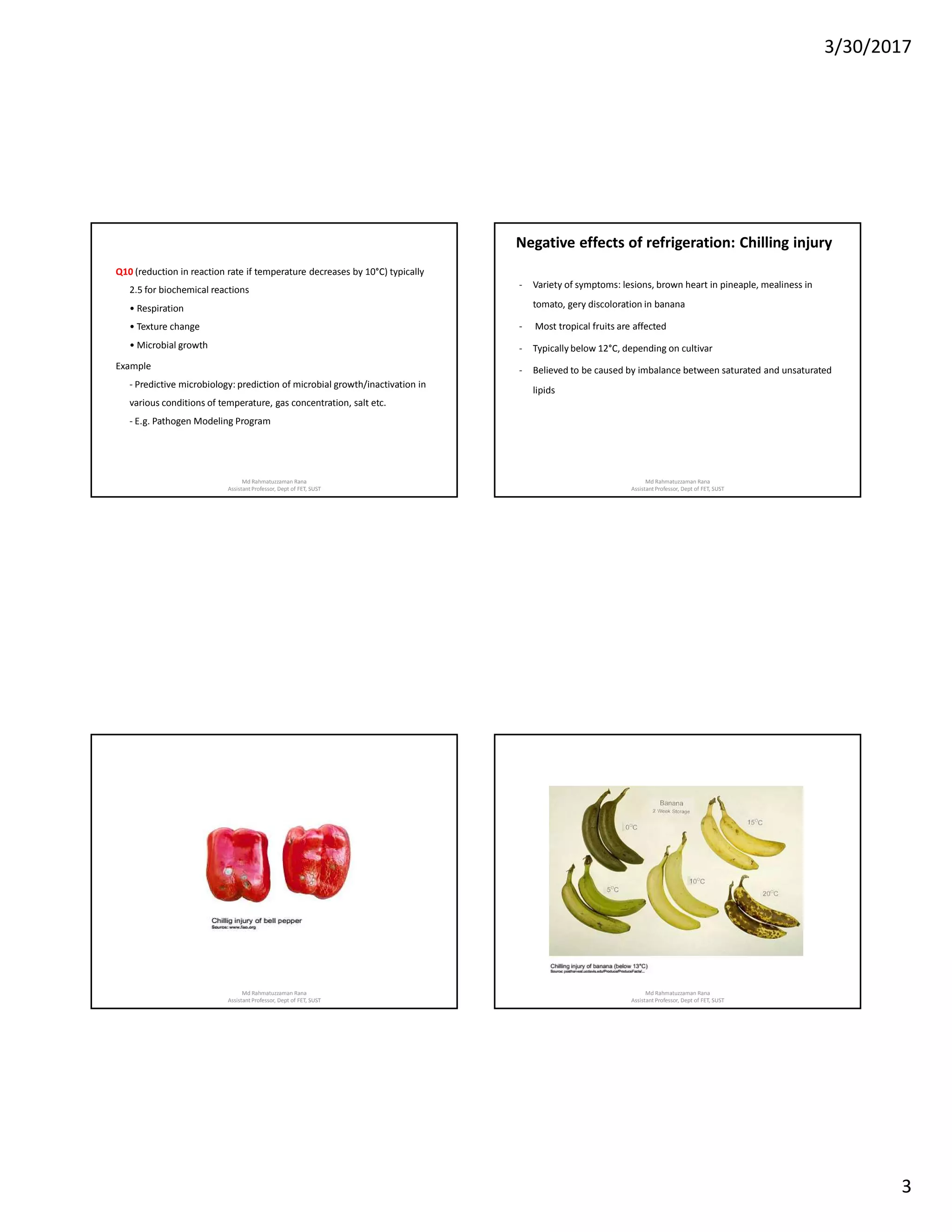 3/30/2017
3
Q10 (reduction in reaction rate if temperature decreases by 10°C) typically
2.5 for biochemical reactions
• Respiration
• Texture change
• Microbial growth
Example
- Predictive microbiology: prediction of microbial growth/inactivation in
various conditions of temperature, gas concentration, salt etc.
- E.g. Pathogen Modeling Program
Md Rahmatuzzaman Rana
AssistantProfessor, Dept of FET, SUST
Negative effects of refrigeration: Chilling injury
- Variety of symptoms: lesions, brown heart in pineaple, mealiness in
tomato, gery discoloration in banana
- Most tropical fruits are affected
- Typically below 12°C, depending on cultivar
- Believed to be caused by imbalance between saturated and unsaturated
lipids
Md Rahmatuzzaman Rana
AssistantProfessor, Dept of FET, SUST
Md Rahmatuzzaman Rana
AssistantProfessor, Dept of FET, SUST
Md Rahmatuzzaman Rana
AssistantProfessor, Dept of FET, SUST
 
