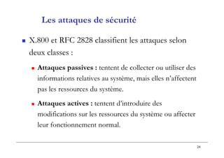 24
Les attaques de sécurité
 X.800 et RFC 2828 classifient les attaques selon
deux classes :
 Attaques passives : tentent de collecter ou utiliser des
informations relatives au système, mais elles n’affectent
pas les ressources du système.
 Attaques actives : tentent d’introduire des
modifications sur les ressources du système ou affecter
leur fonctionnement normal.
 