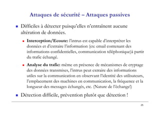 25
Attaques de sécurité – Attaques passives
 Difficiles à détecter puisqu’elles n’entraînent aucune
altération de données.
 Interception/Ecoute: l’intrus est capable d’interpréter les
données et d’extraire l’information (ex: email contenant des
informations confidentielles, communication téléphonique)à partir
du trafic échangé.
 Analyse du trafic: même en présence de mécanismes de cryptage
des données transmises, l’intrus peut extraire des informations
utiles sur la communication en observant l’identité des utilisateurs,
l’emplacement des machines en communication, la fréquence et la
longueur des messages échangés, etc. (Nature de l’échange!)
 Détection difficile, prévention plutôt que détection !
 