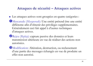26
Attaques de sécurité – Attaques actives
 Les attaques actives sont groupées en quatre catégories :
Mascarade (Masquerade): Une entité prétend être une entité
différente afin d’obtenir des privilèges supplémentaires.
Généralement ceci fait appel à d’autres techniques
d’attaques actives.
Rejeu (Replay): capture passive des données et leurs
transmission ultérieure en vue de réaliser des actions non
autorisées.
Modification: Altération, destruction, ou reclassement
d’une partie des messages échangés en vue de produire un
effet non autorisé.
 