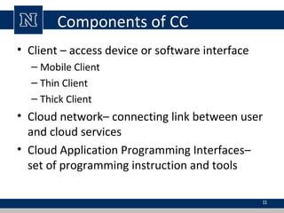Components of CC
• Client – access device or software interface
– Mobile Client
– Thin Client
– Thick Client
• Cloud network– connecting link between user
and cloud services
• Cloud Application Programming Interfaces–
set of programming instruction and tools
11
 