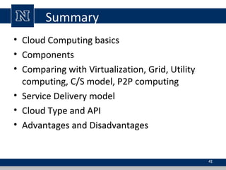 Summary
• Cloud Computing basics
• Components
• Comparing with Virtualization, Grid, Utility
computing, C/S model, P2P computing
• Service Delivery model
• Cloud Type and API
• Advantages and Disadvantages
41
 
