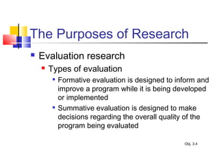 The Purposes of Research
 Evaluation research
 Types of evaluation

Formative evaluation is designed to inform and
improve a program while it is being developed
or implemented

Summative evaluation is designed to make
decisions regarding the overall quality of the
program being evaluated
Obj. 3.4
 